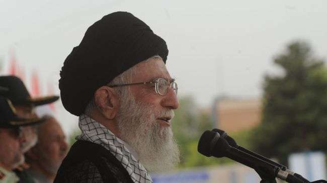 Leader of the Islamic Revolution Ayatollah Seyyed Ali Khamenei addresses students at Imam Hussein University on May 27, 2013.