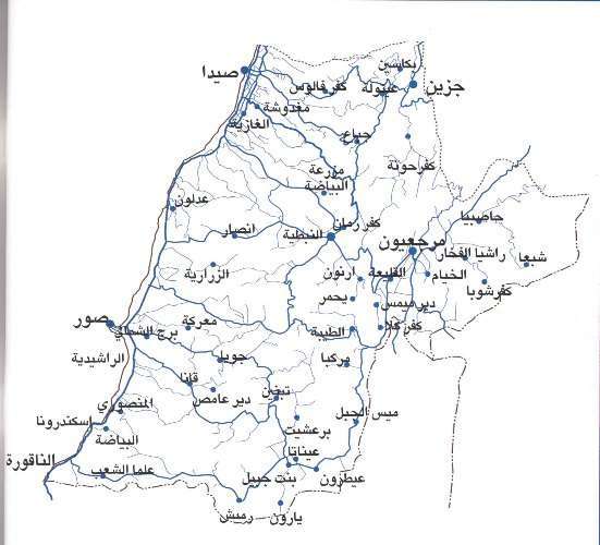 نقشه مناطق لبنان جنوبي