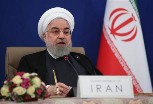 Iran’s President Hassan Rouhani addresses a virtual meeting of the leaders of the Non-Aligned Movement Contact Group in Tehran on May 4, 2020.