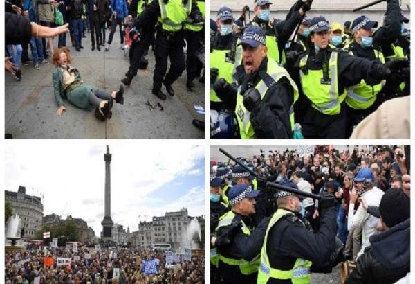 لندن: پولیس کی کورونا پابندیوں کے خلاف مظاہرہ کرنے والوں کی سرکوبی،