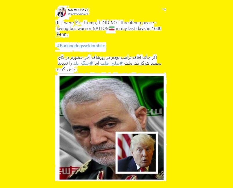 دبلوماسي ايراني ينصح ترامب بأن لايهدد شعبا محبا للسلام ويجيد الحرب