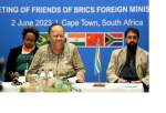 South Africa’s Minister of International Relations and Cooperation Naledi Pandor (C) gives a speech during “BRICS Foreign Ministers Meeting” in Cape Town, South Africa [BRICS / Handout/Anadolu Agency]