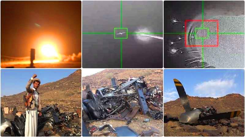 مشاهد عن عملية إسقاط الدفاعات الجوية اليمنية للطائرة الأميركية "أم كيو 9"