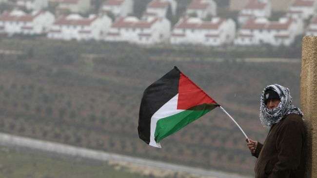 A Palestinian man waves his national flag to protest against the expansion of illegal Israeli settlements. (file photo)