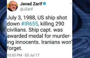 ظريف: الشعب الايراني لن ينسى جريمة اميركا في استهداف طائرة الركاب