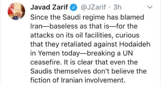 ظريف: الرياض نفسها غير مقتنعة بضلوع إيران في هجوم أرامكو