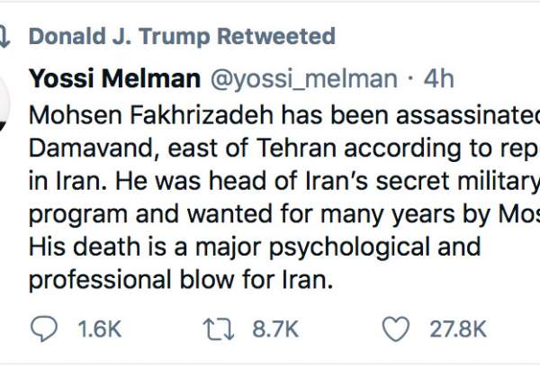 Trump retweets Israeli journalist’s message praising assassination of Iranian scientist