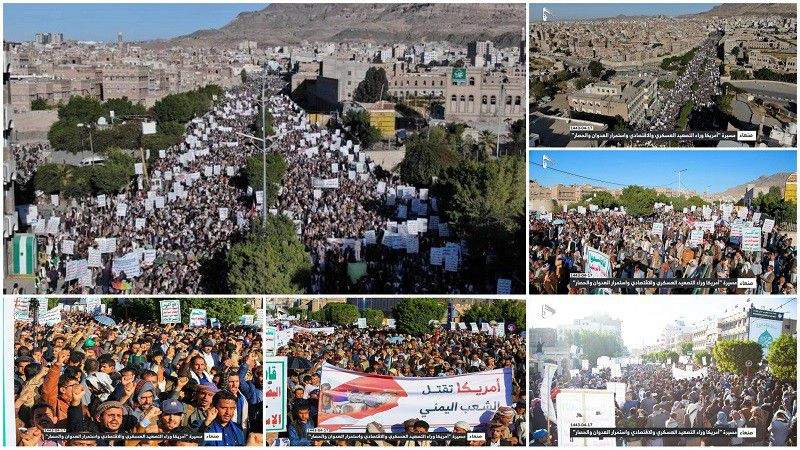 مسيرة جماهيرية كبرى بالعاصمة صنعاء تنديدا بالتصعيد الأمريكي واستمرار العدوان والحصار  