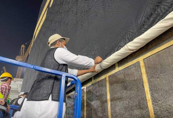 In a tradition dating back centuries, a new black curtain, or Kiswa, is draped around the Kaaba in the Grand Mosque in Mecca once a year. Here it is covered with new Kiswa as pilgrims for Hajj 2022 are arriving at the holy mosque.
