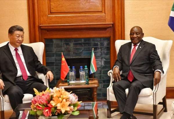 Chinese President Xi Jinping (L) meets with South African President Cyril Ramaphosa (R) ahead of the 15th BRICS summit in Tshwane, Republic of South Africa on August 22, 2022